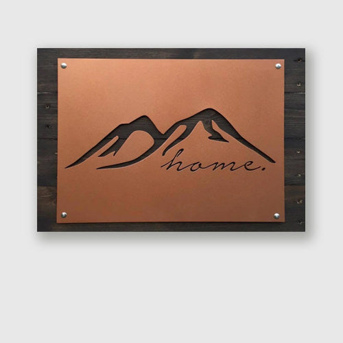 Colorado mountains cut out of metal on stained wood background, metal sign, wall art